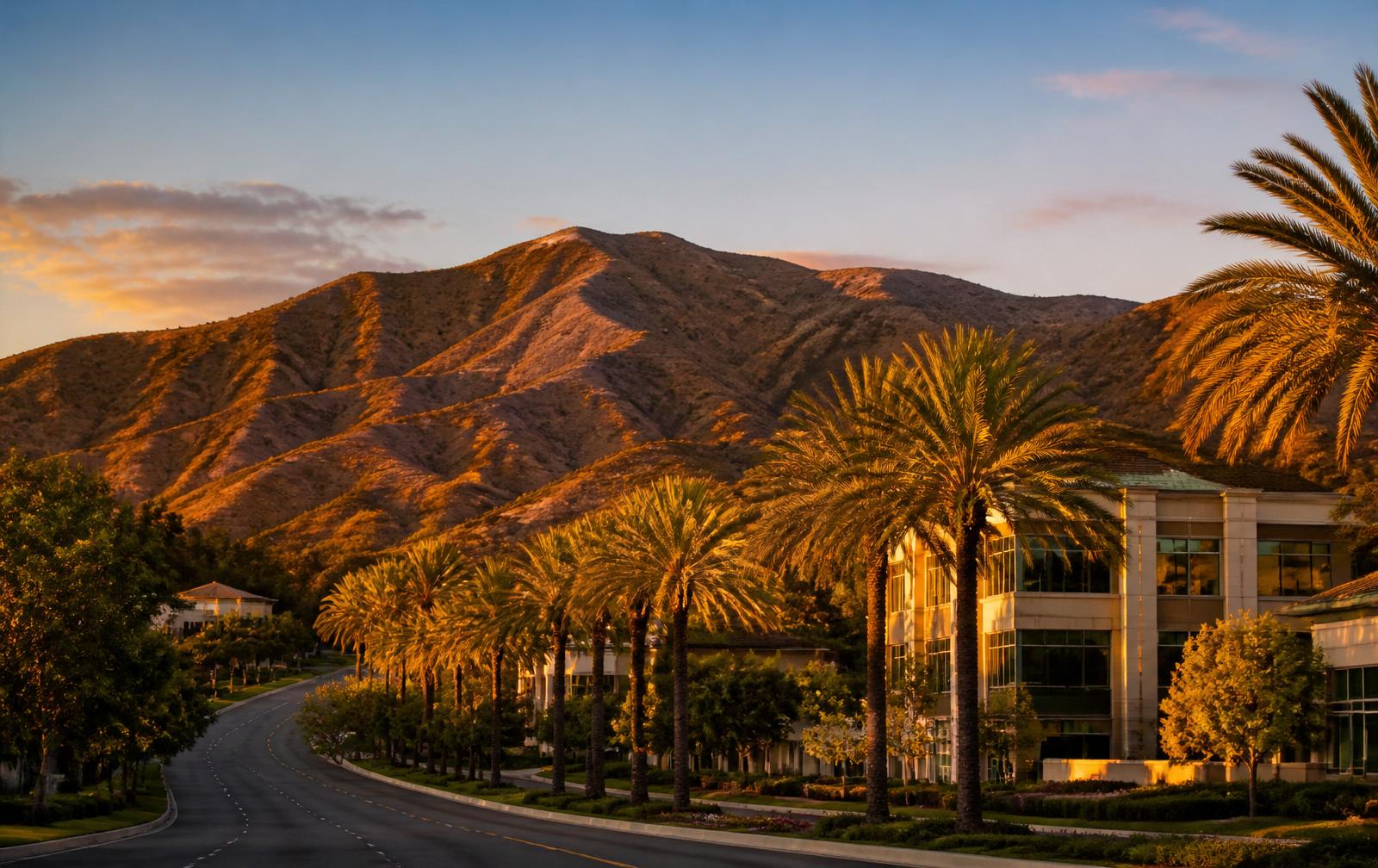 South Orange County — Saddleback foothills and palm-lined boulevard at golden hour
